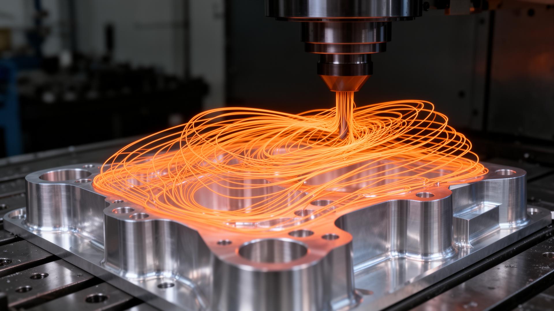 CNC toolpath visualization over an aluminum part