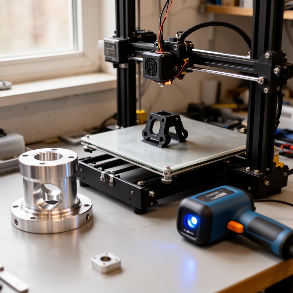 3D scanner capturing a mechanical part with the resulting CAD mesh